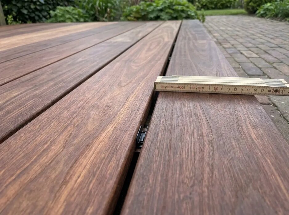 Ipe decking boards with an 8 mm gap and a black stainless steel clip in the groove Ipe decking boards with an 8 mm gap and a black stainless steel clip in the groove