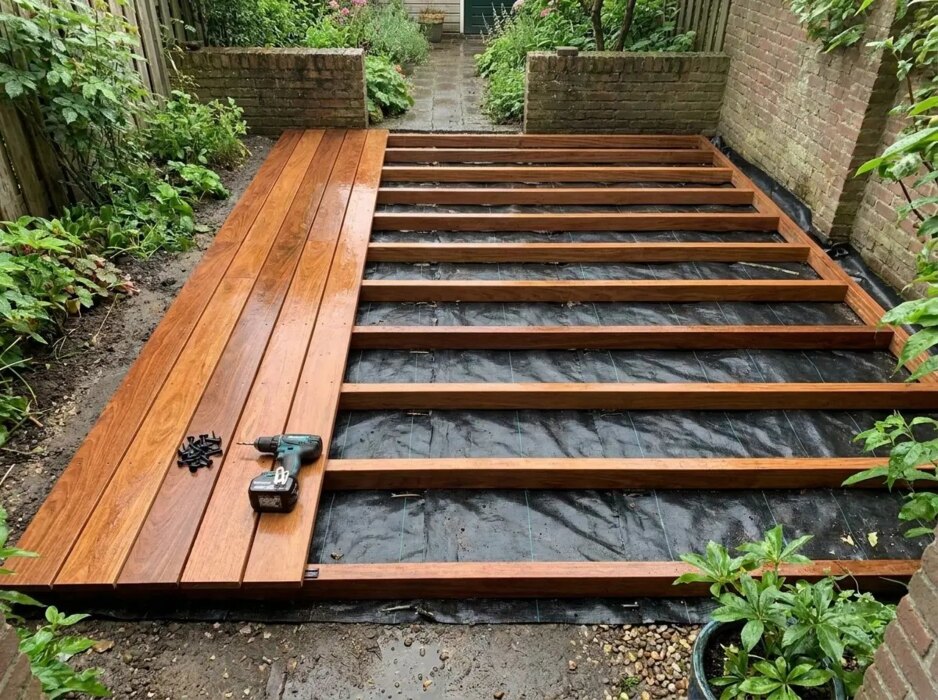 Ipe joists 40 to 45 cm apart on weed membrane with the first decking boards laid Ipe joists 40 to 45 cm apart on weed membrane with the first decking boards laid