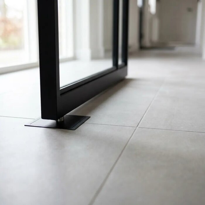 Close-up of the black pivot hinge at the foot of a steel framed glass door, fixed into a tiled floor Close-up of the black pivot hinge at the foot of a steel framed glass door, fixed into a tiled floor