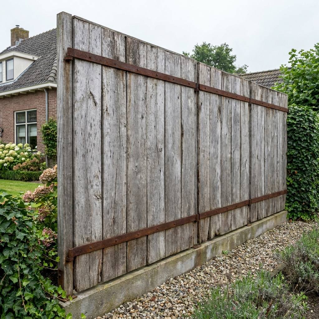 A rustic garden fence constructed from weathered production boards with durable metal bands