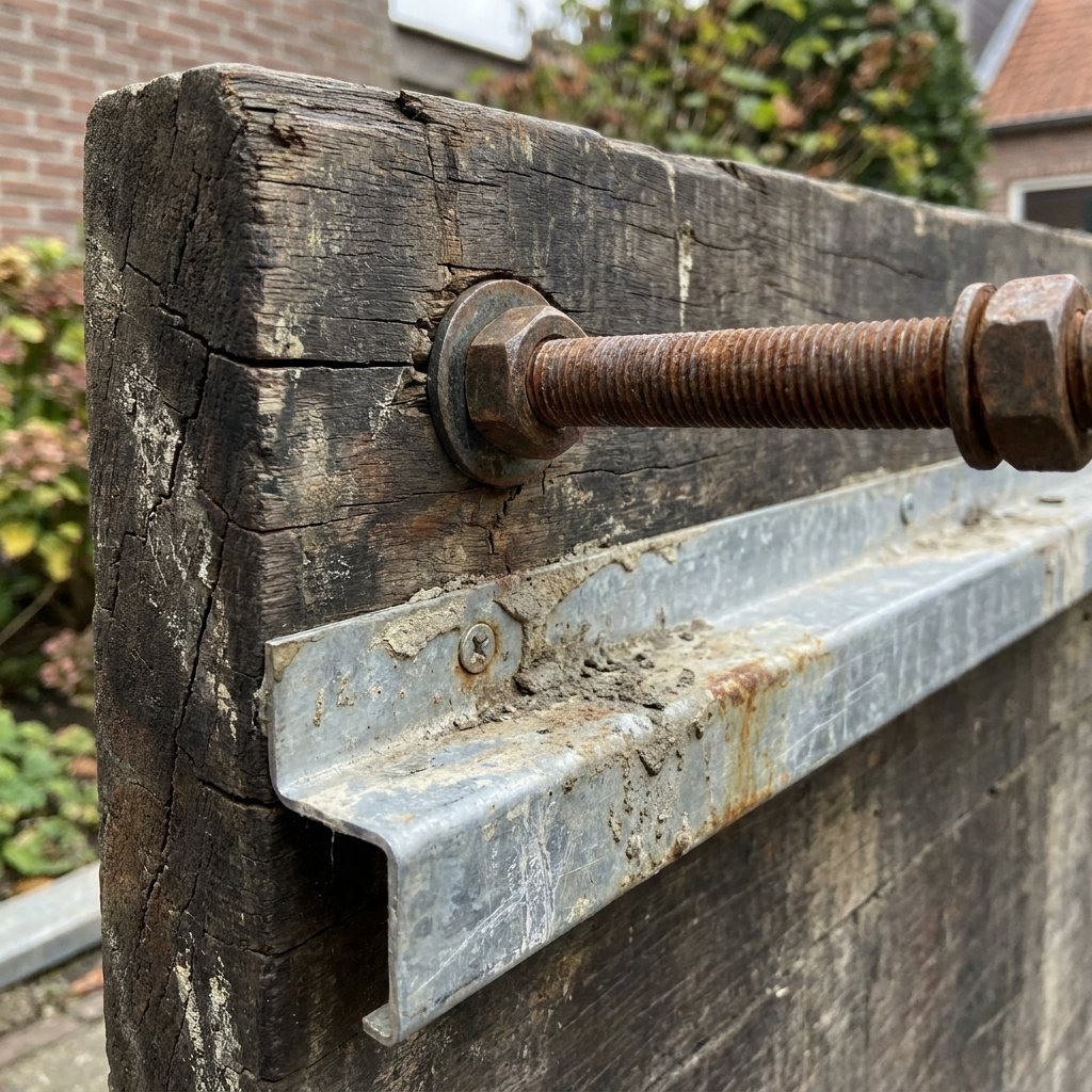 Close up of rustic reclaimed production boards with metal edge and threaded steel rod