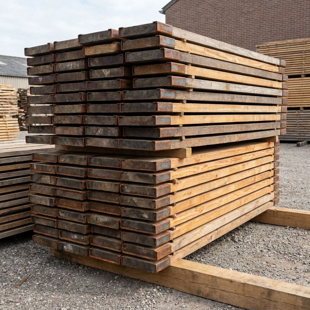 A neat stack of weathered wooden production boards with metal edges in a timber yard