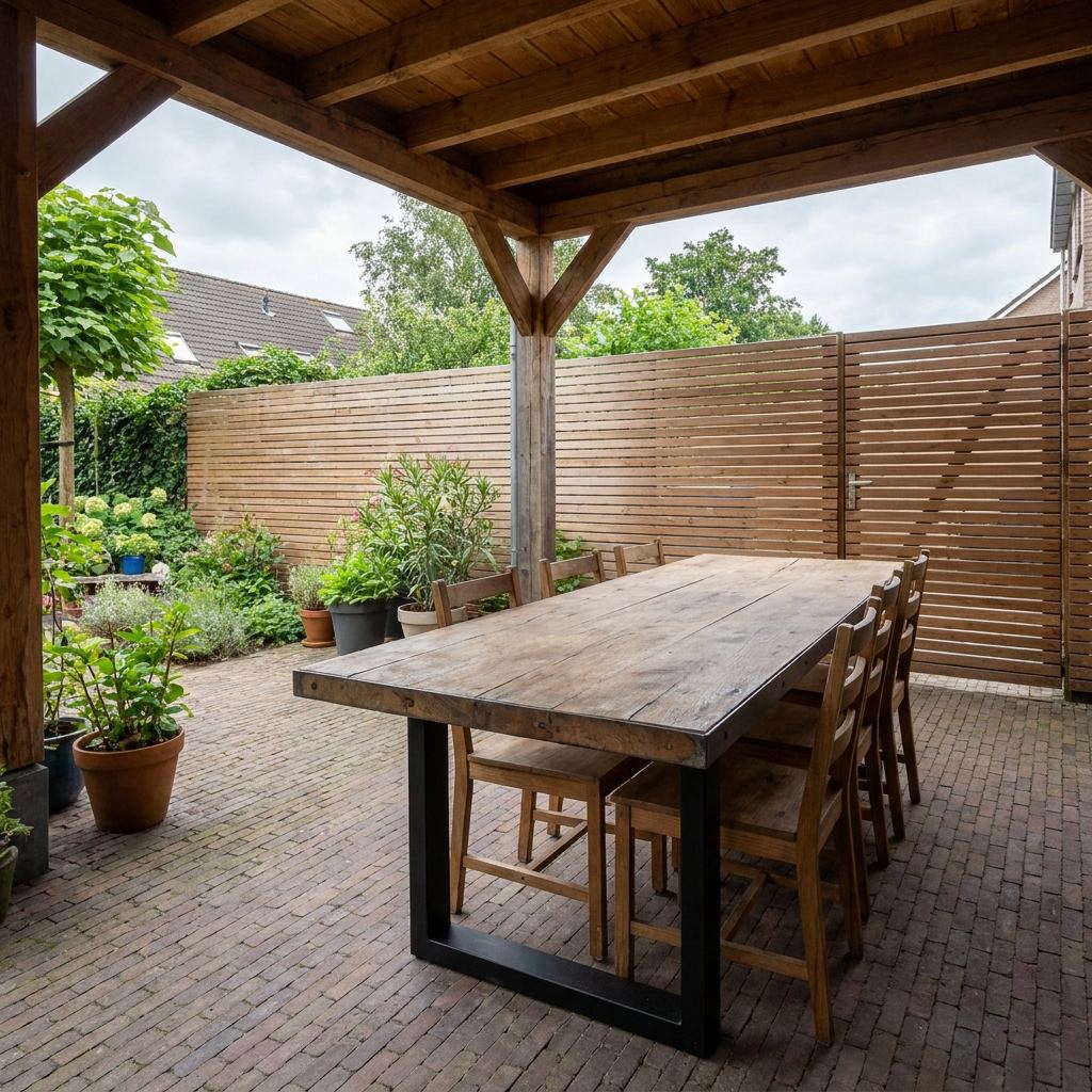 Sturdy garden dining table made from production boards under a wooden canopy patio