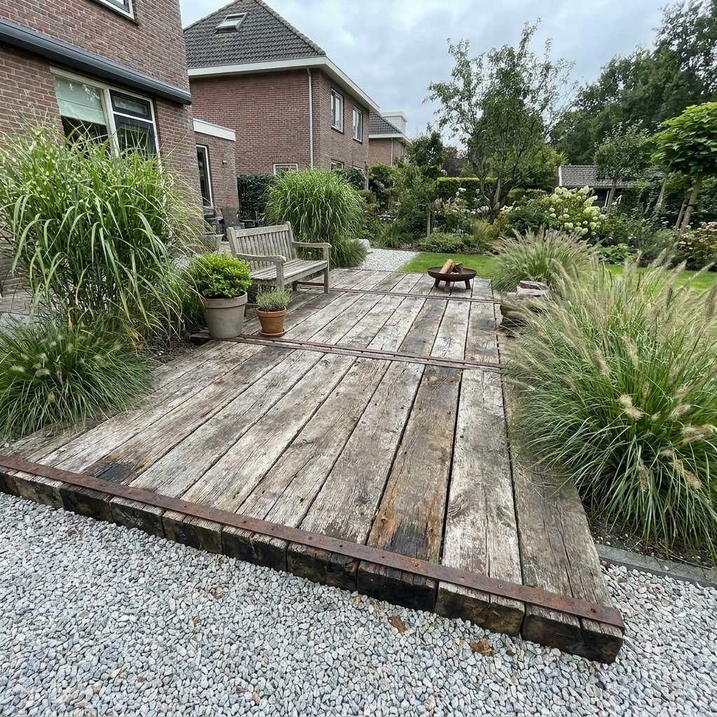 Garden patio made of rustic production boards surrounded by ornamental grasses and gravel