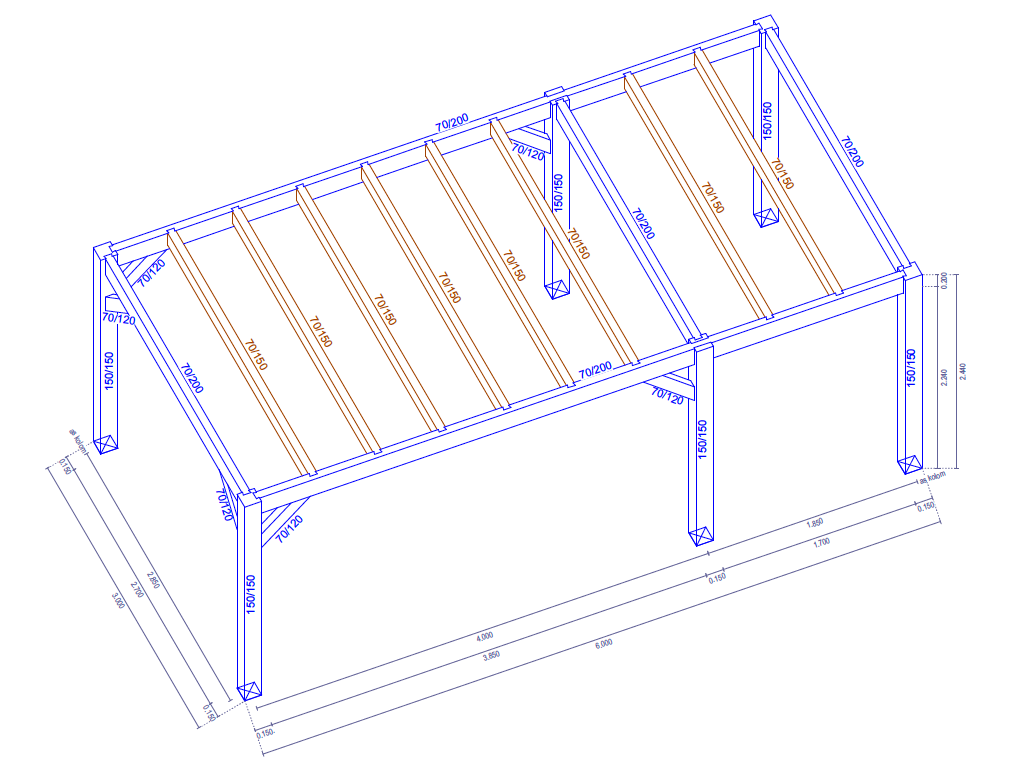 Design drawing for wooden garden shelter Architectural construction drawing showing the dimensions of a timber shelter