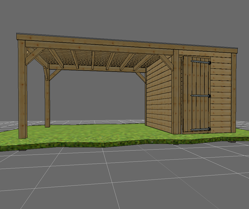 Wooden garden shelter with integrated shed A modular wooden shelter featuring a finished roof and integrated storage shed