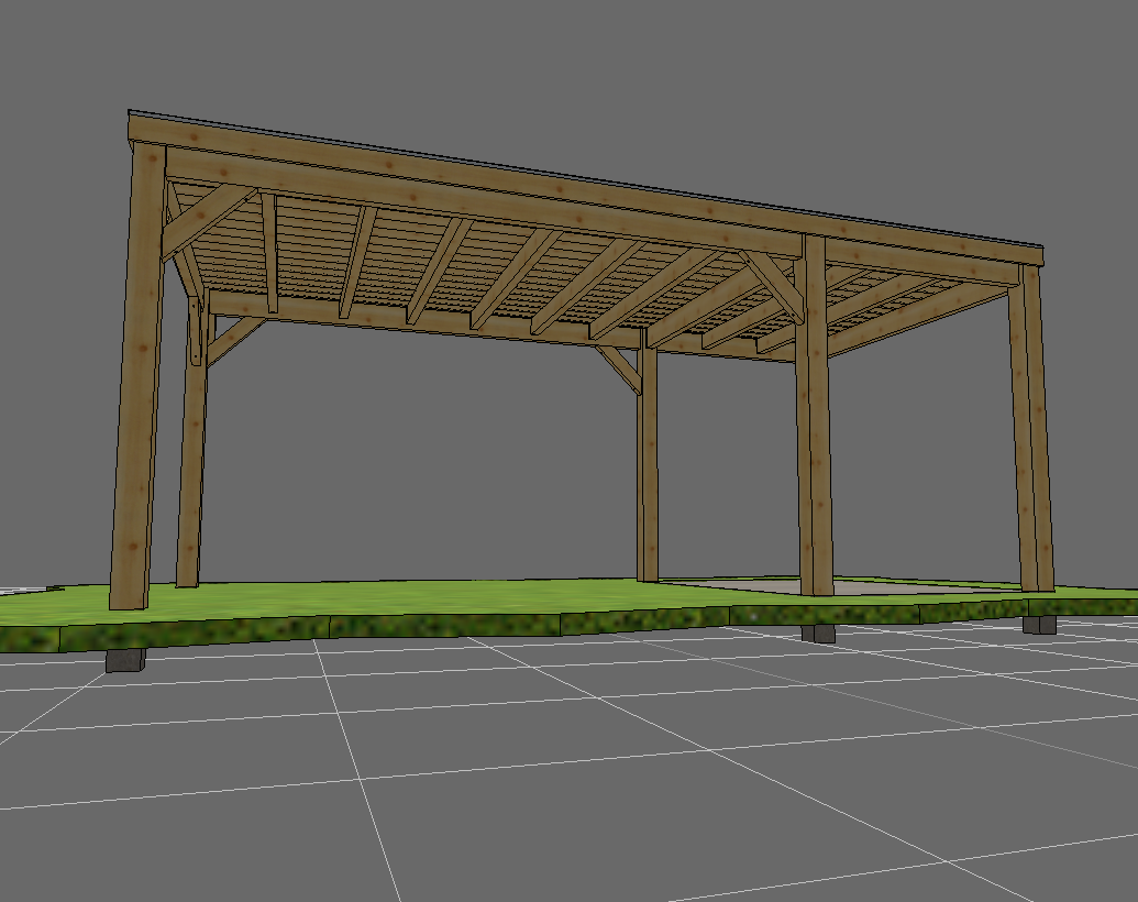 Douglas wood shelter frame with roof Construction of a Douglas wooden garden shelter with an installed roof structure