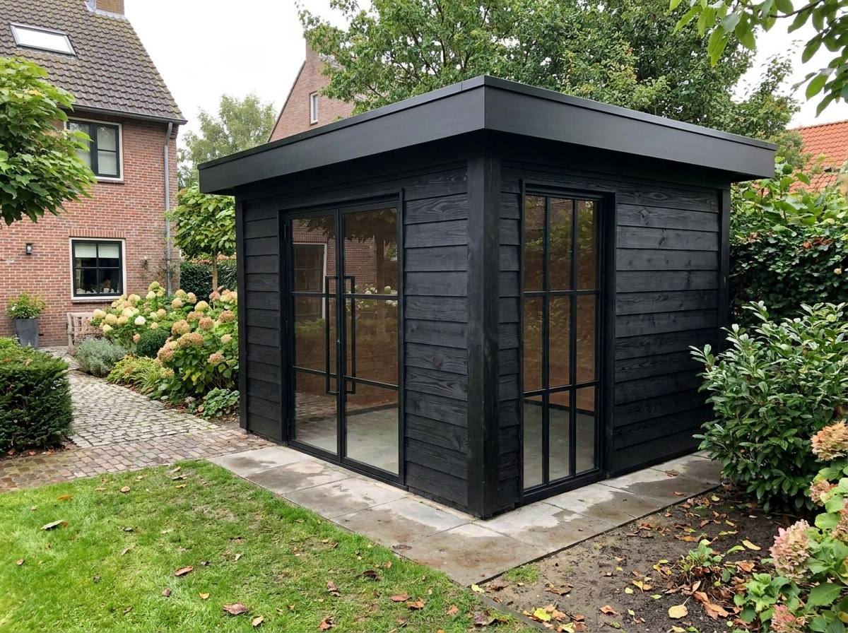 Modern black timber garden house with glass doors and a sleek flat roof standing in a green garden