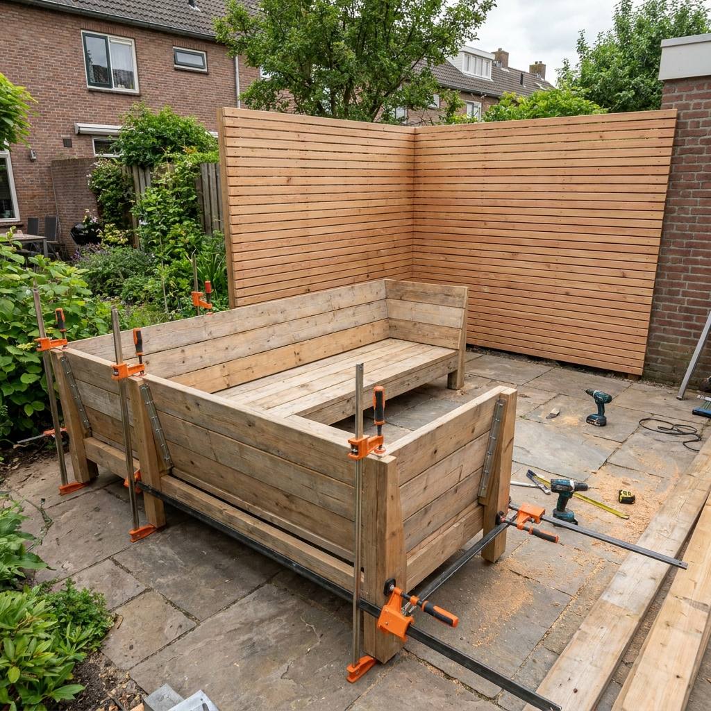 DIY garden bench made of outdoor scaffold wood assembled with clamps on a patio