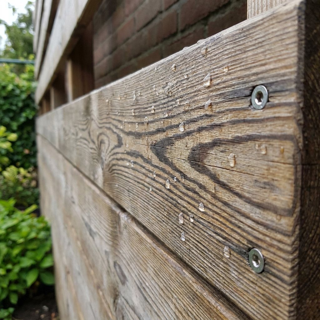 Close-up of weathered outdoor scaffold wood with water droplets and screws