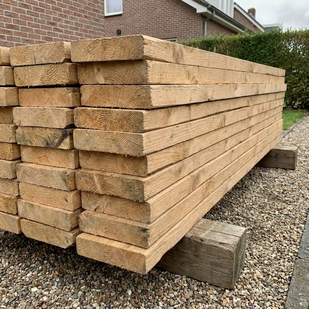 A neat stack of rough outdoor scaffold wood planks placed on gravel in a garden