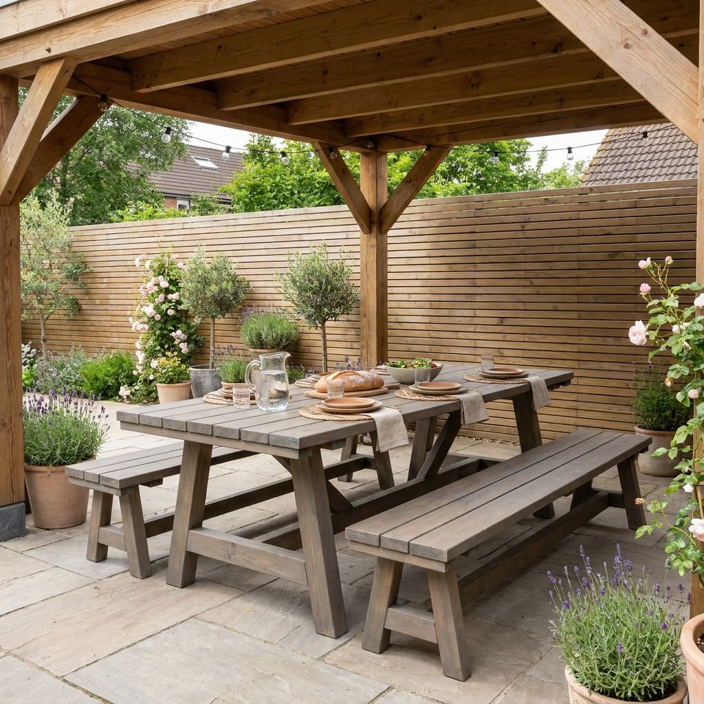 Outdoor scaffold wood dining table and matching benches under a wooden pergola