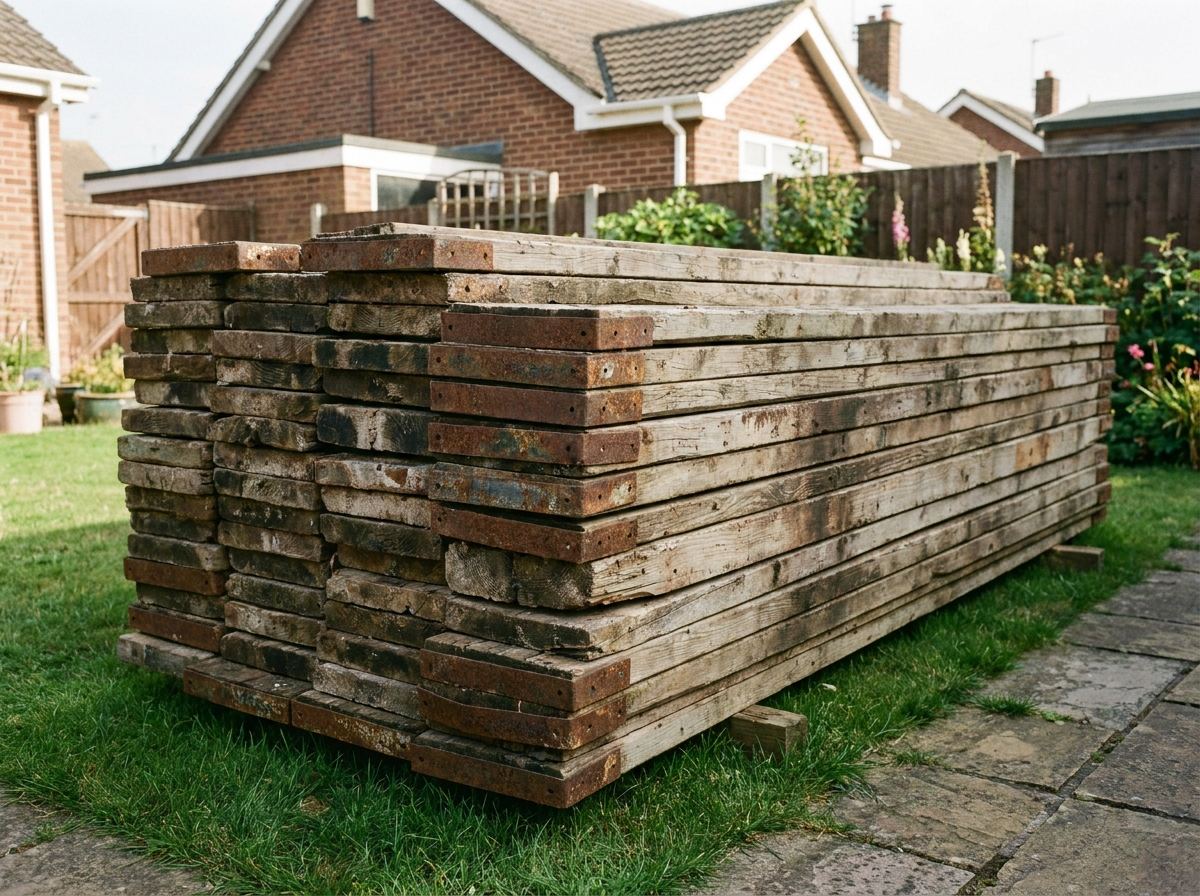 A stack of rustic reclaimed scaffold wood boards with metal end bands resting on grass in a garden