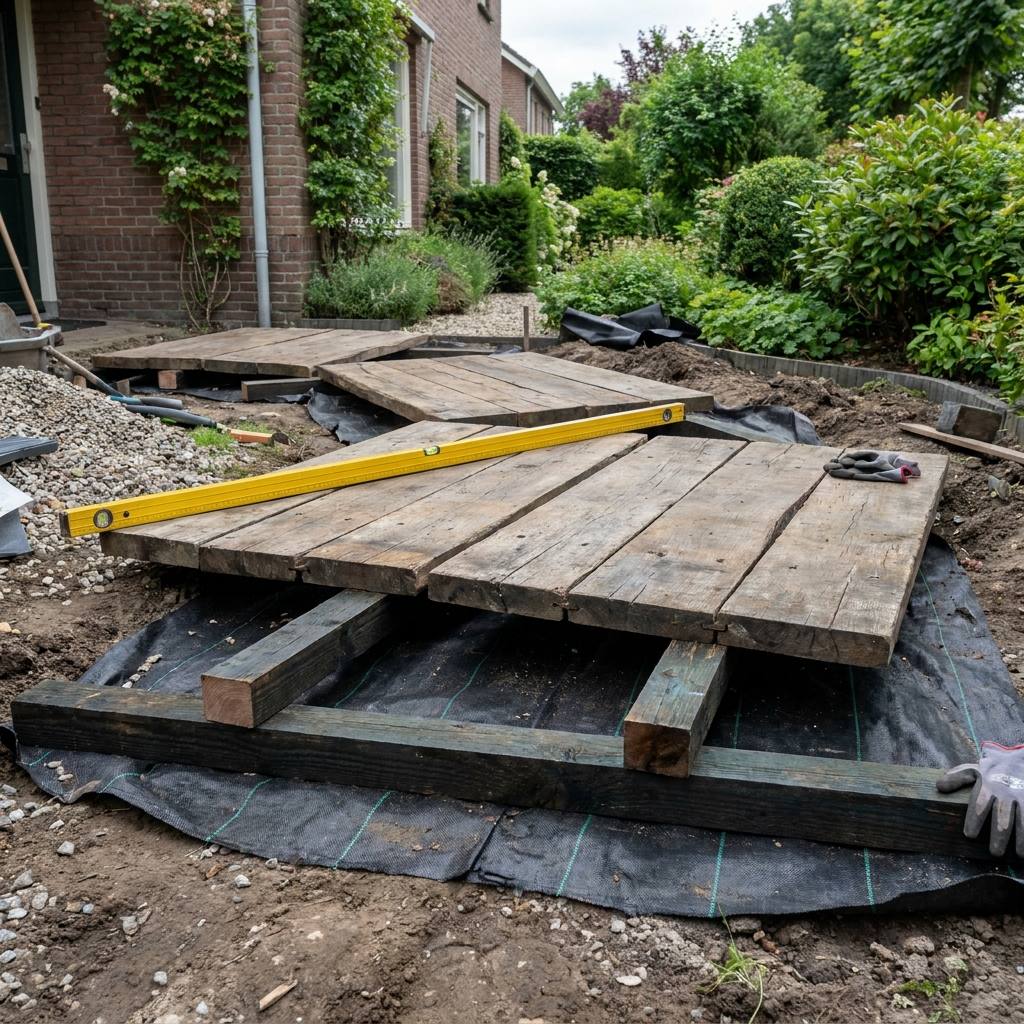 Installation of heavy timber boards on wooden joists with a spirit level for a garden walkway