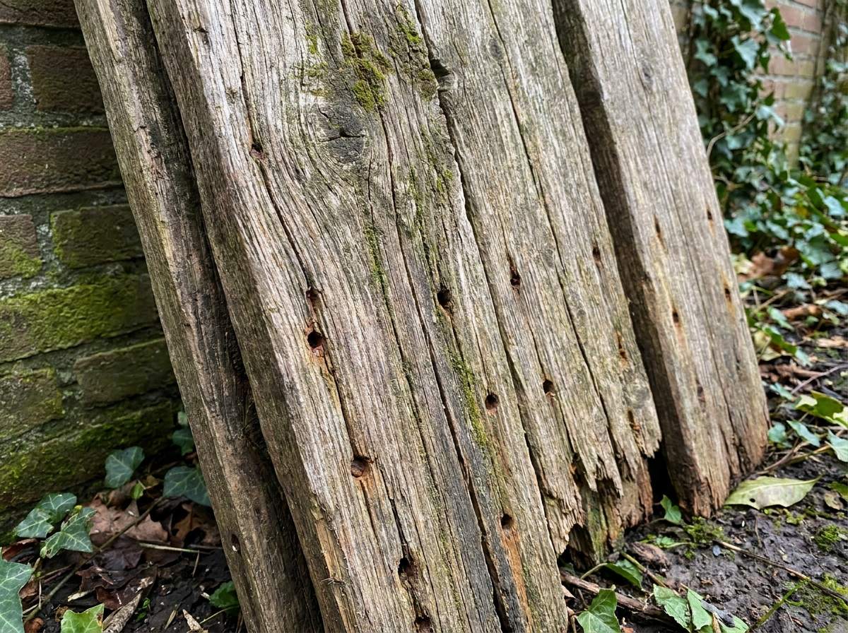 Weathered outdoor scaffold wood boards with a rustic patina leaning against an exterior brick wall