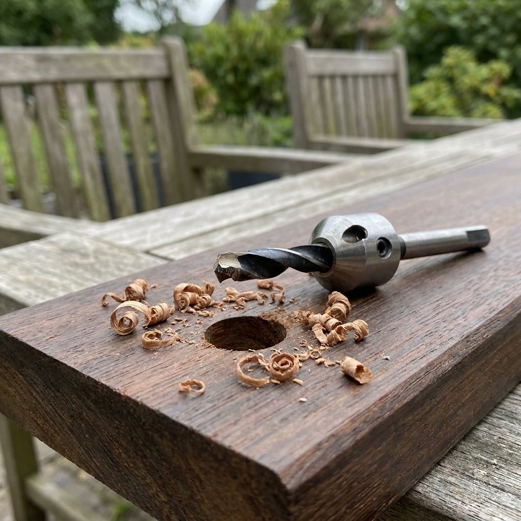 A countersink drill bit for wood drilling placed on a timber board with shavings