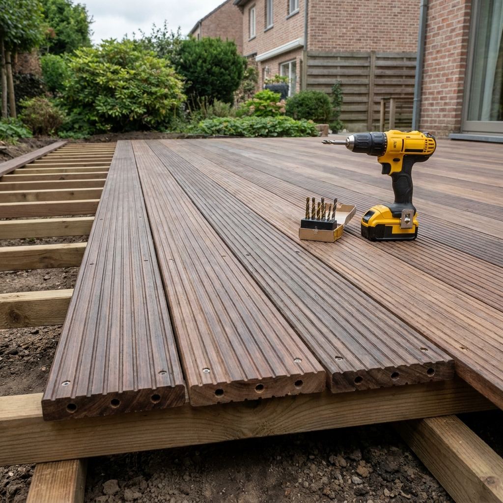 Cordless drill and drill bit set on decking boards for precise wood drilling outdoors