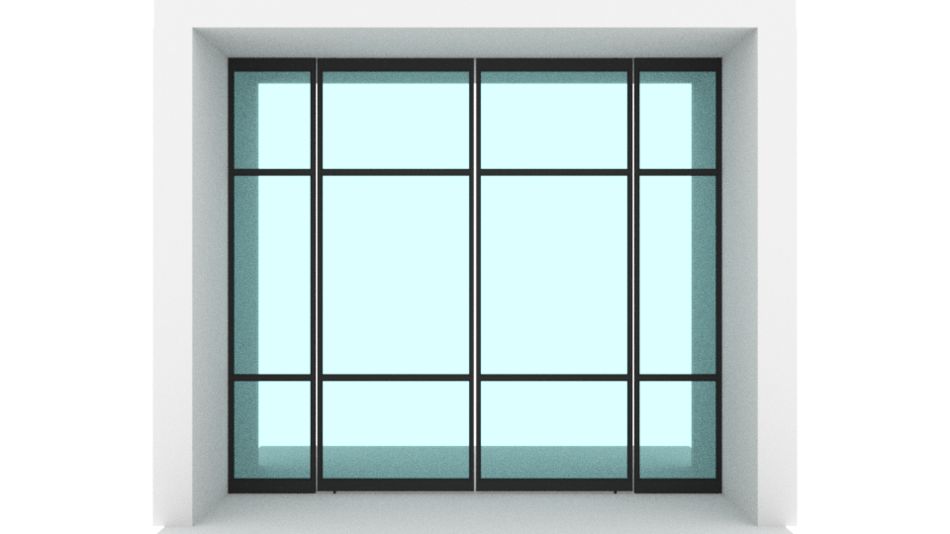 Custom double black steel pivot doors designed with glazed side panels for extra daylight