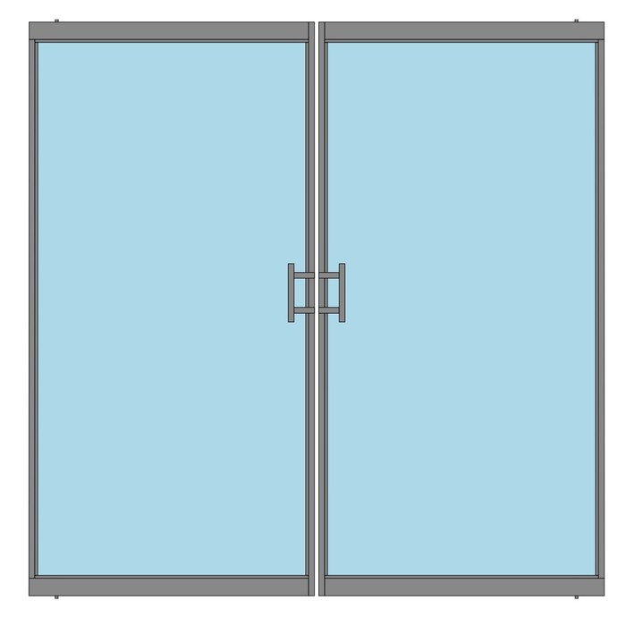 Double steel exterior doors with clear glass panes suitable for garden rooms