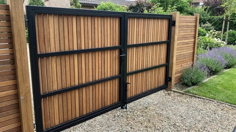 Ipe bespoke double gates clad on one side, back view with black frame