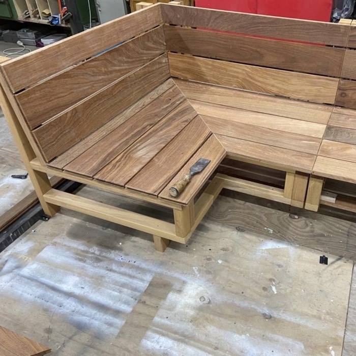 Ipé decking boards used to create a lounge garden bench in our own workshop