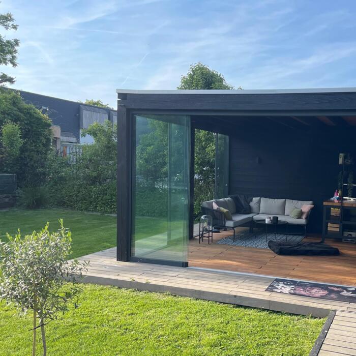 Modern black wooden summerhouse made to measure with 3d construction drawing