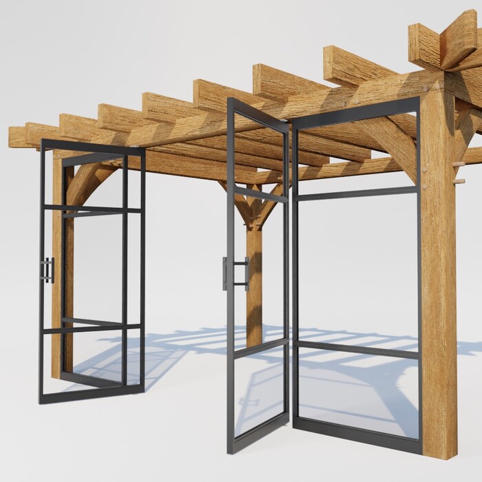 Black steel framed exterior glass doors fitted into a luxury hardwood pergola