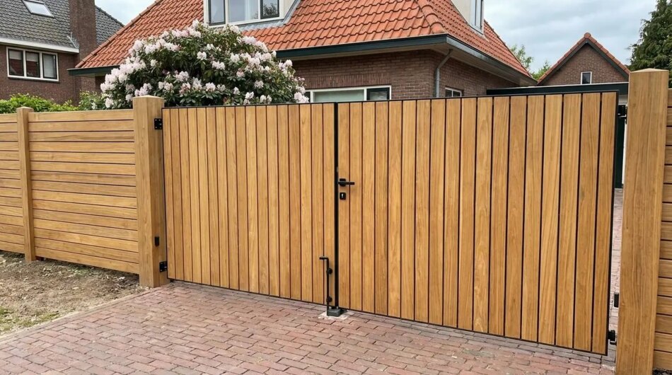 Teak bespoke double gates for a driveway, 90 mm slats