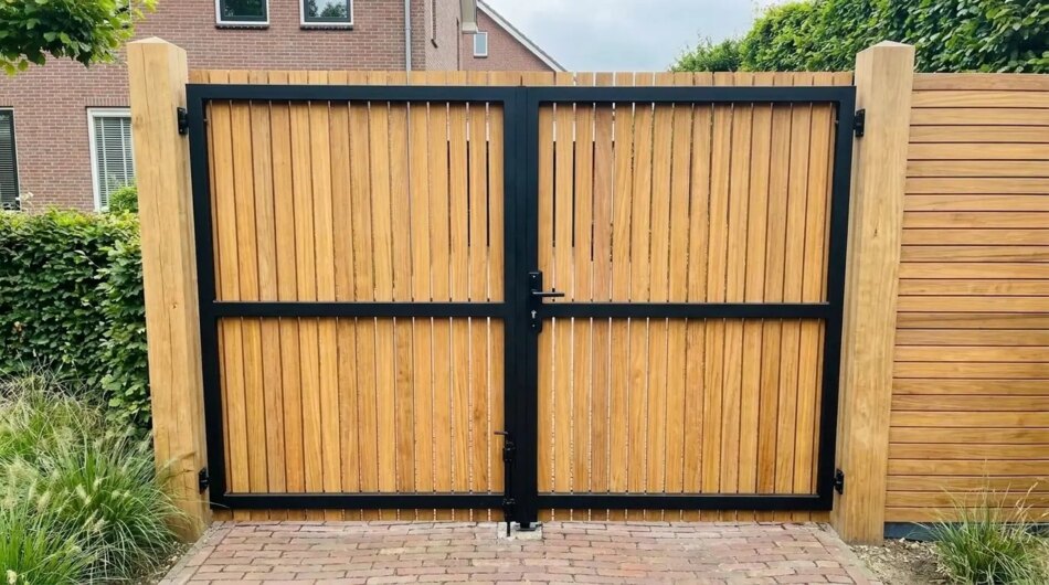 Teak bespoke double gates clad on one side, back view with black frame