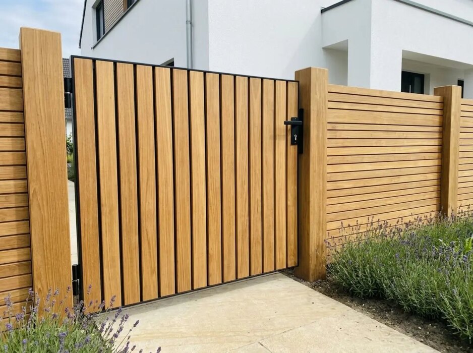 Teak bespoke gate for a front garden, 50 mm slats