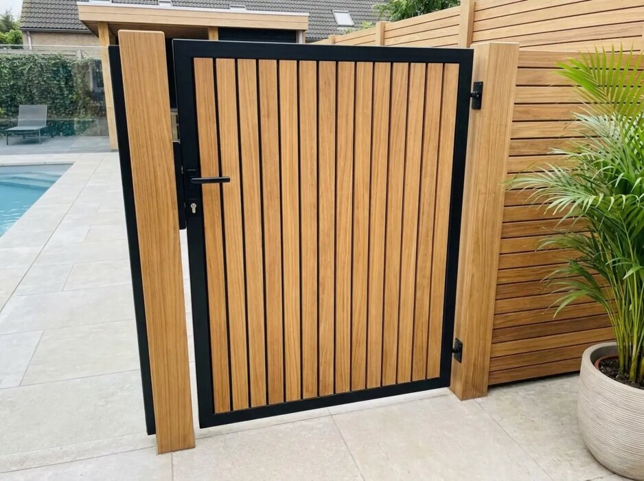 Teak bespoke gate between patio and pool, 90 mm slats