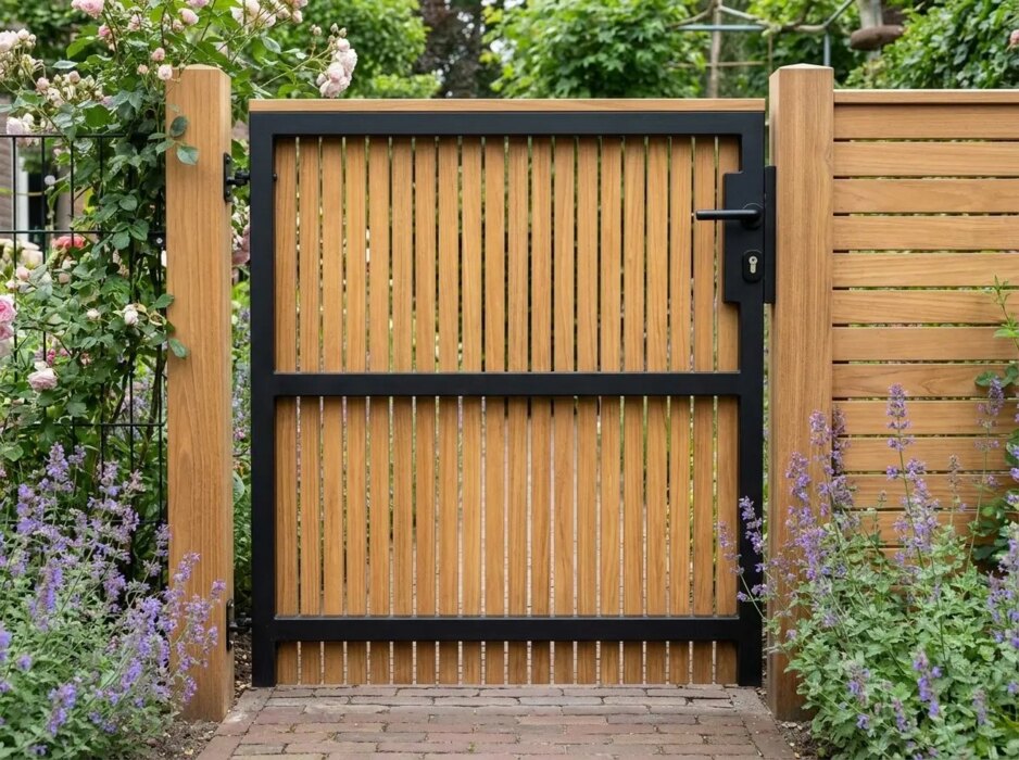 Teak bespoke low gate clad on one side, back view with black frame