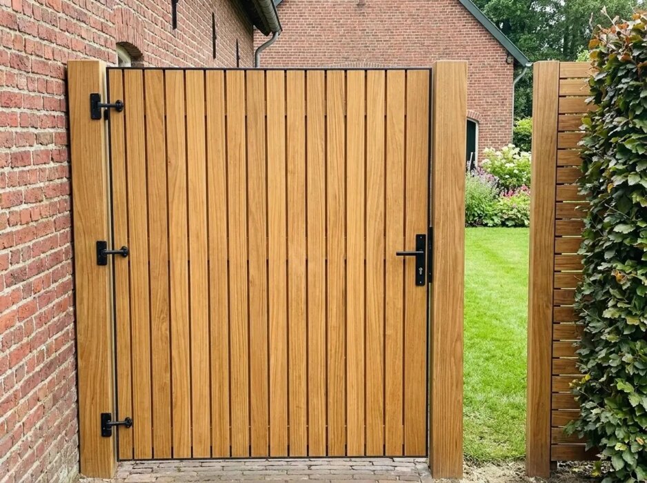 Teak bespoke wide gate clad on both sides with 90 mm slats
