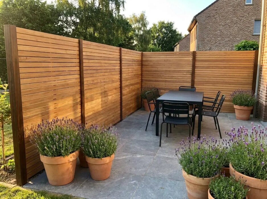 Teak fence with 7 cm slats around a patio corner with a dining table