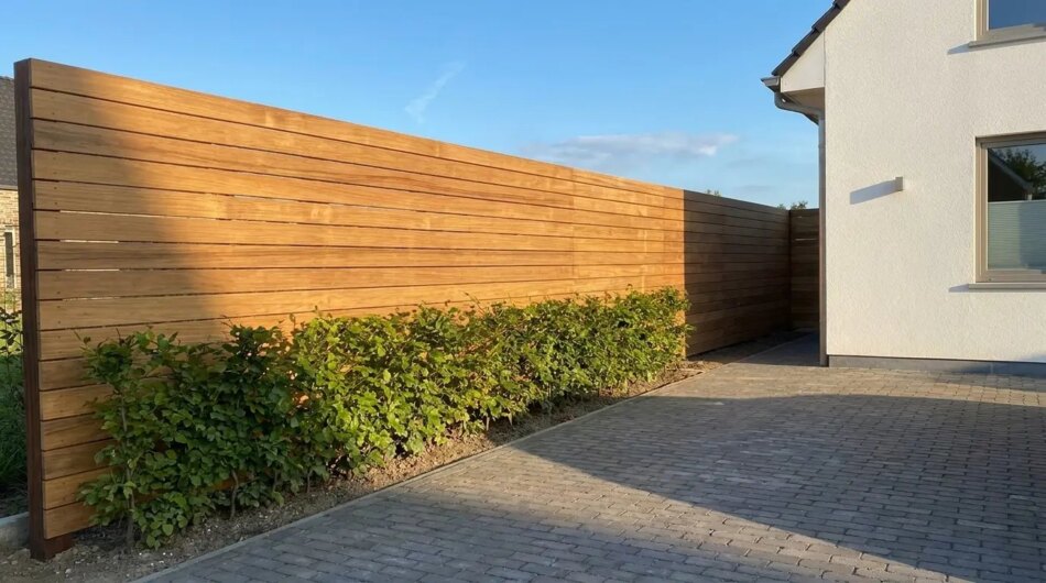 Teak fence with 9 cm slats along a driveway with a beech hedge