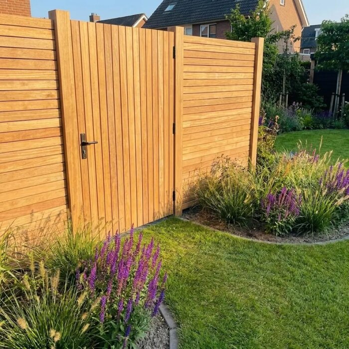 Teak gate with 50 mm slats in a teak fence behind a border of ornamental grasses
