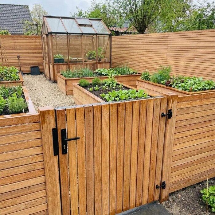 Teak gate with 70 mm slats in a teak fence around a vegetable garden with greenhouse