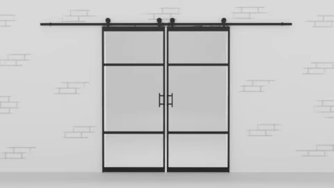 Custom black steel sliding doors with clear glass and an exposed top roller system