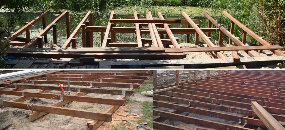 Sturdy hardwood joists installed to create a stable subframe for garden decking
