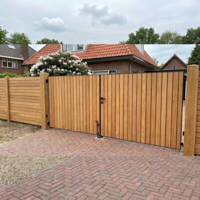 Teak bespoke double gates for a driveway, 90 mm slats