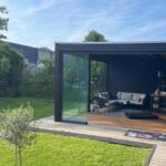 Modern black wooden summerhouse made to measure with 3d construction drawing