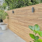 Modern teak fence with 50 mm slats and wall lights