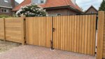 Teak bespoke double gates for a driveway, 90 mm slats
