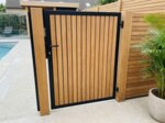 Teak bespoke gate between patio and pool, 90 mm slats