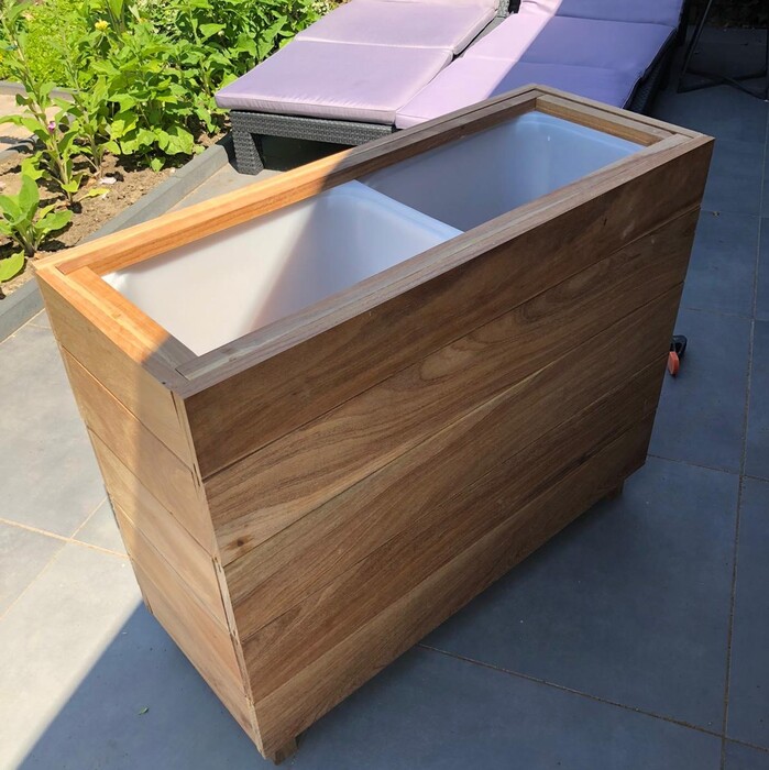 Luxury tall planter made of horizontal Ipe hardwood slats